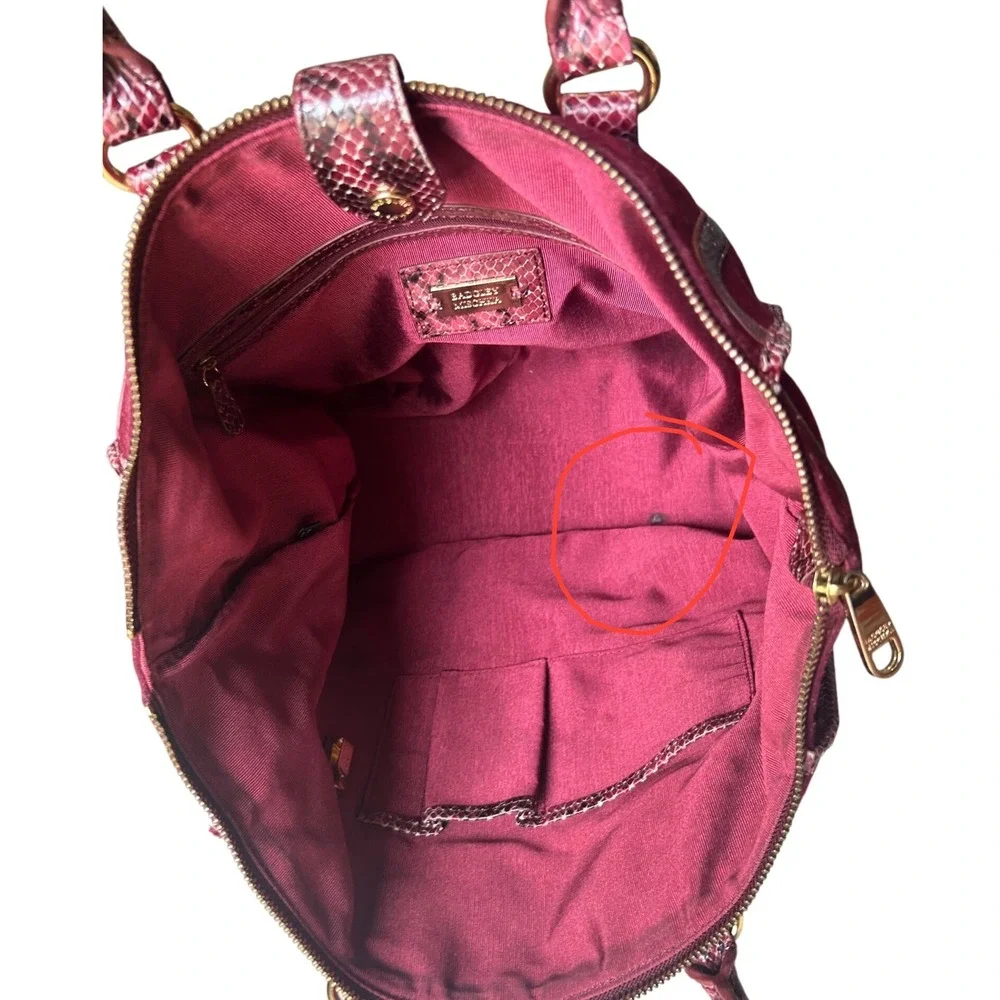 Badgley Mischka Burgundy Wool Tote‎ Bag Snakeskin Trim Zip Pocket Satchel